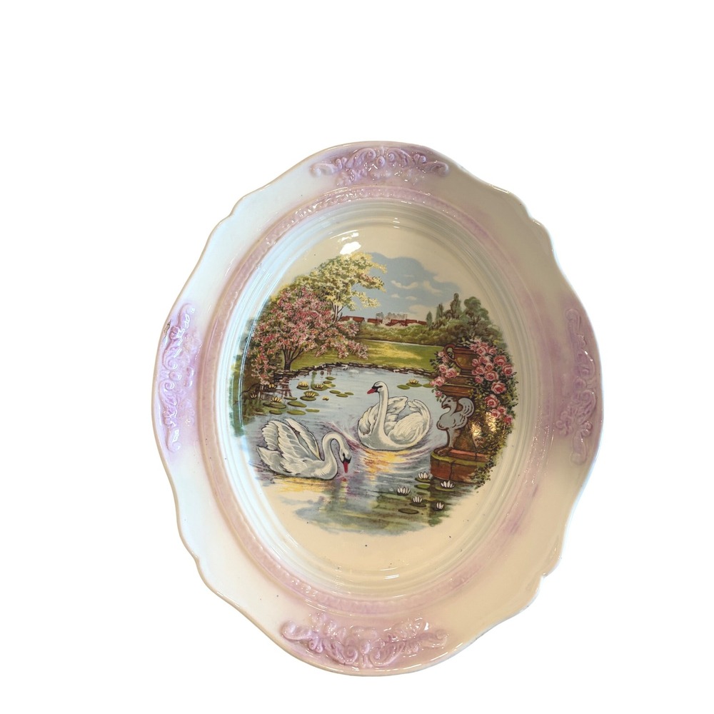 Vintage Style Swan Pond Oval Ceramic Platter Pink Scalloped Edge 13.5in Decor